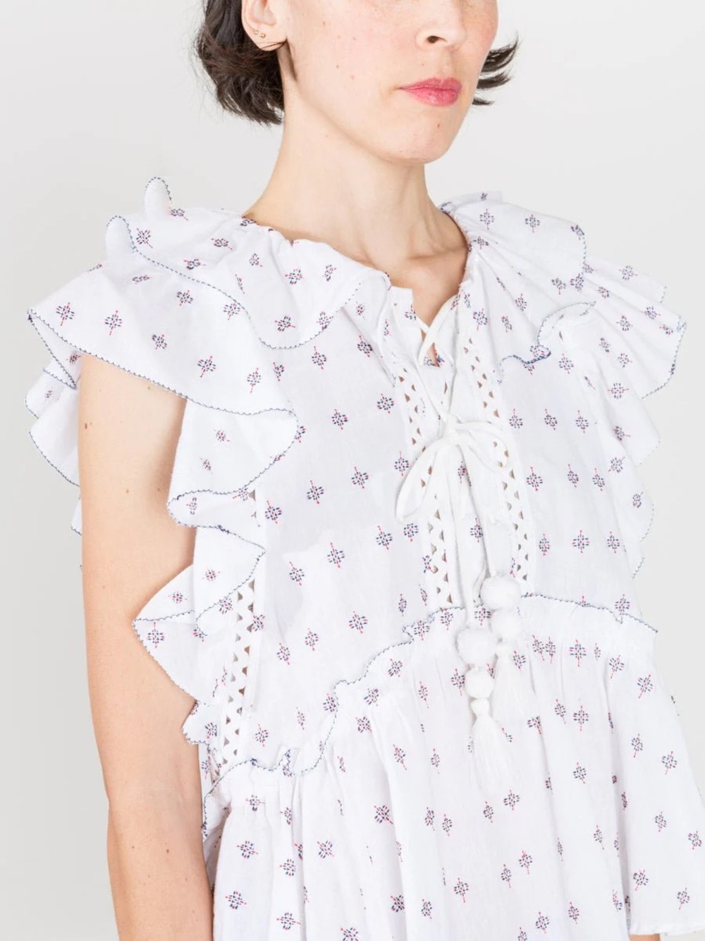 Sea New York Colette Fluttery White Top with Red and Navy Dot Embroidery